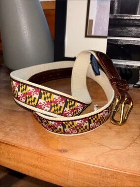 Charm City Clothing Maryland Terps Woven Belt- Brown Leather and Brass Buckle